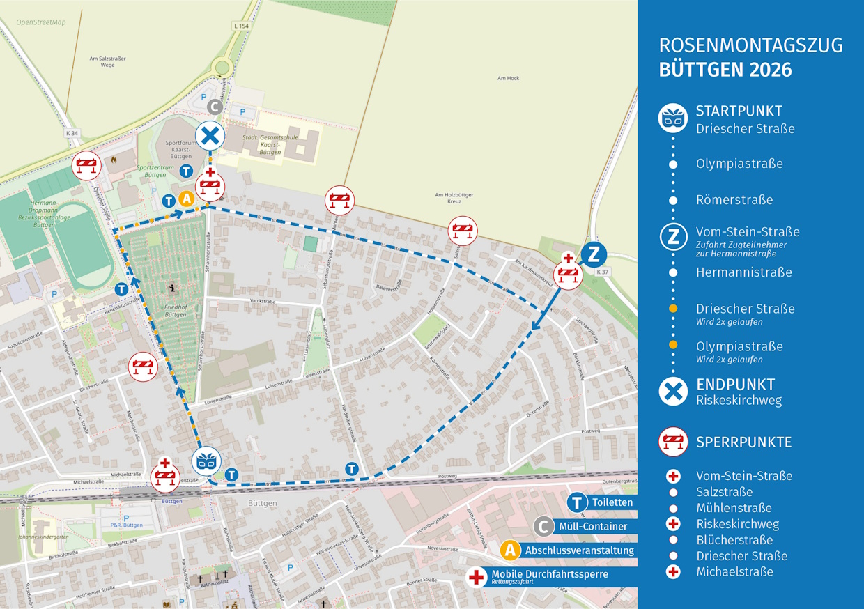 Rosenmontags-Zugweg der Büttgener Karnevals Gesellschaft 5 Aape 1975 e.V.